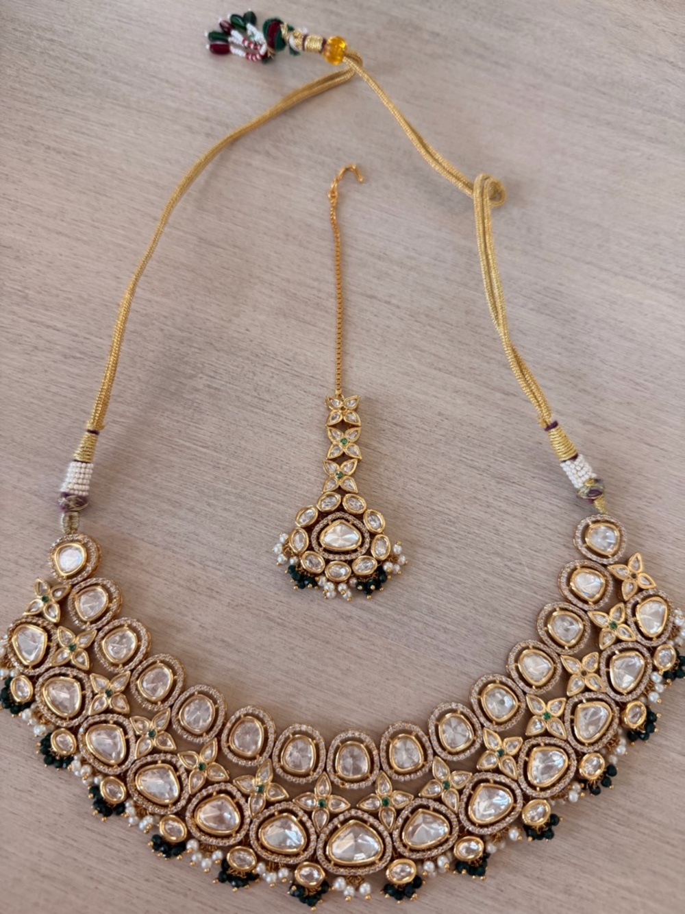 Gold and Clear Kundan Necklace Set with Green Accents - Women Jewelry